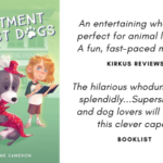 Department of Lost Dogs book cover featuring a dog in a sparkly red outfit, with glowing reviews from Kirkus and Booklist.