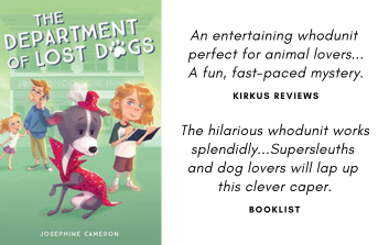 Department of Lost Dogs book cover featuring a dog in a sparkly red outfit, with glowing reviews from Kirkus and Booklist.