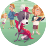 The Department of Lost Dogs cover image, close up on a dog in a fancy red outfit